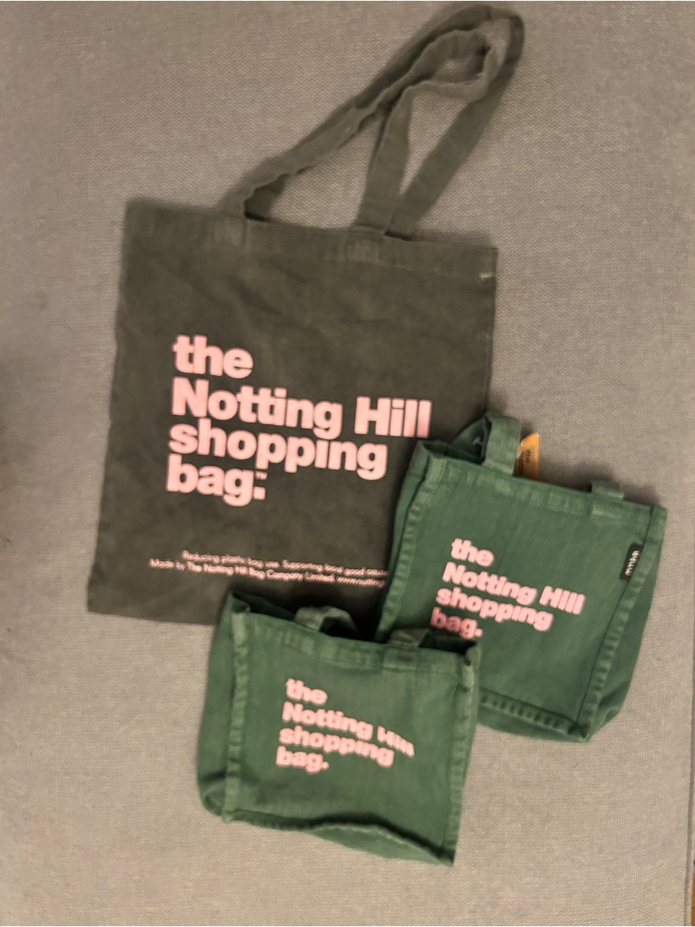 Notting Hill Shopping Bag - Dark Green with Pink Text